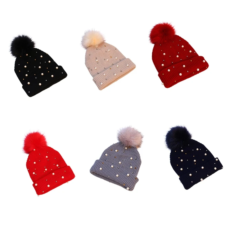 

Y166 Winter Pearl Pompom Woolen Hat Knitted Hat Beanie Hat Windproof for Women Girl