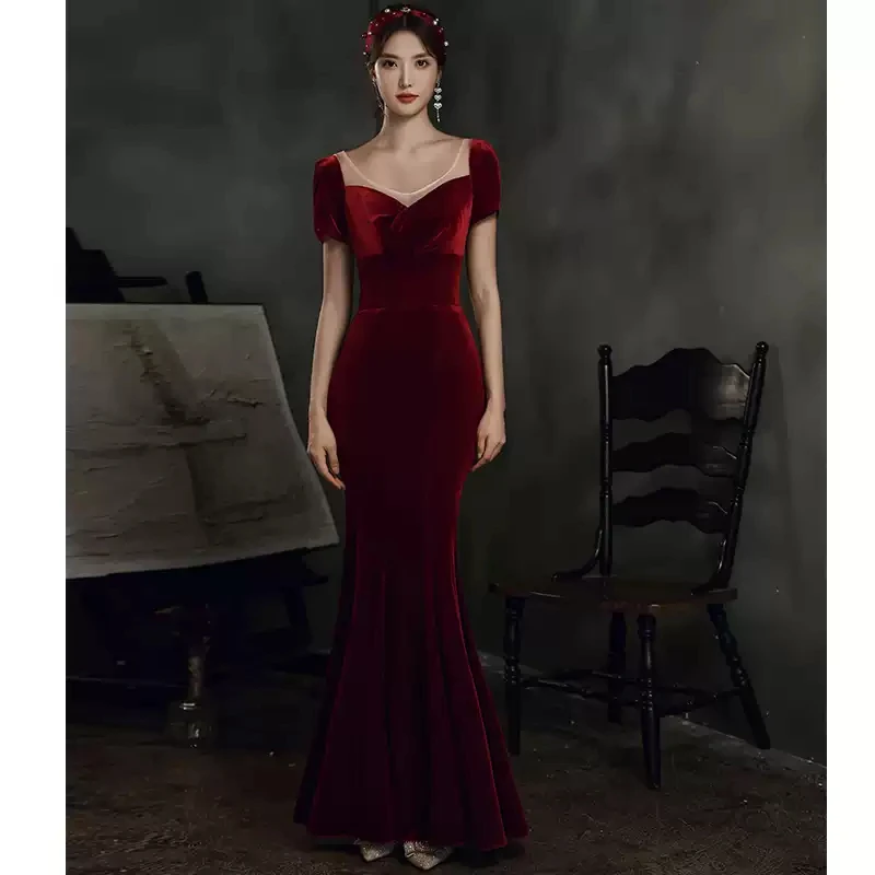 

Вечернее платье с кружевом, с круглой горловиной, для девочек в винтажном стиле, с коротким рукавом и открытой спиной длиной до пола Русалка ...