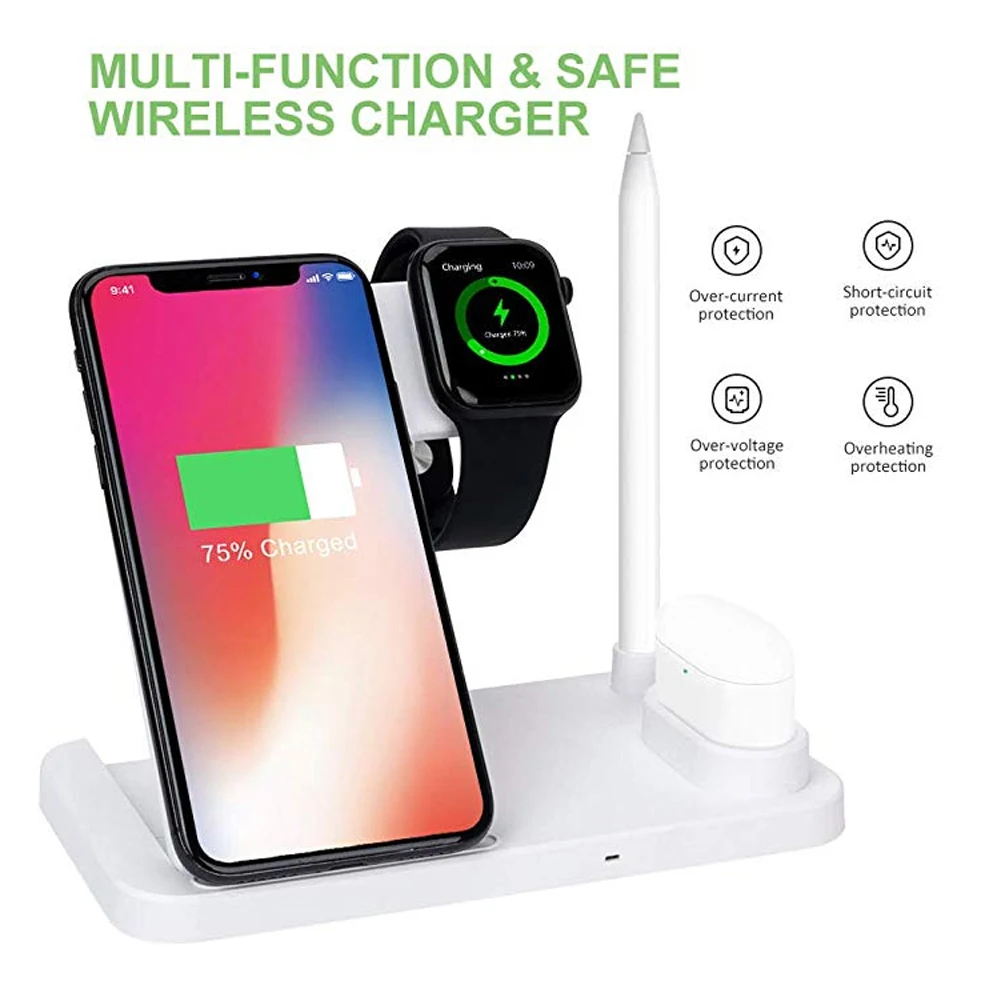 4 в 1 зарядная док станция для Apple Watch IPhone XR XS X 8 iWatch 3 2 Samsung S10 S9 10 Вт Беспроводная QI