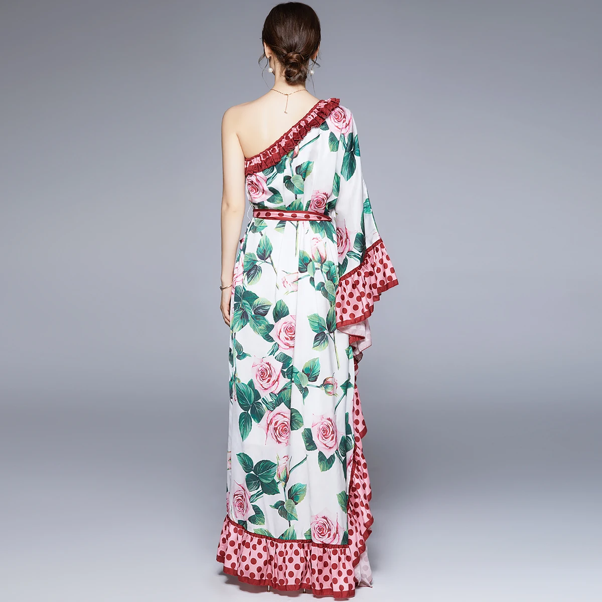 

Merchall 2021 Fashion Summer Vacation Elegant Ruffled Off Shoulder Long Dress Woman Flower Print Bow Waist Lace Up Robe M78824