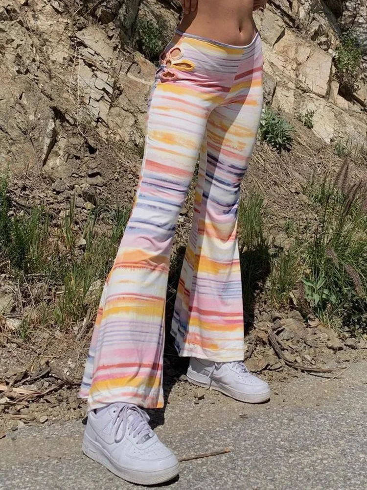 

Женские Летние повседневные брюки-годе, Модные полосатые длинные брюки с высокой талией и цветочным узором