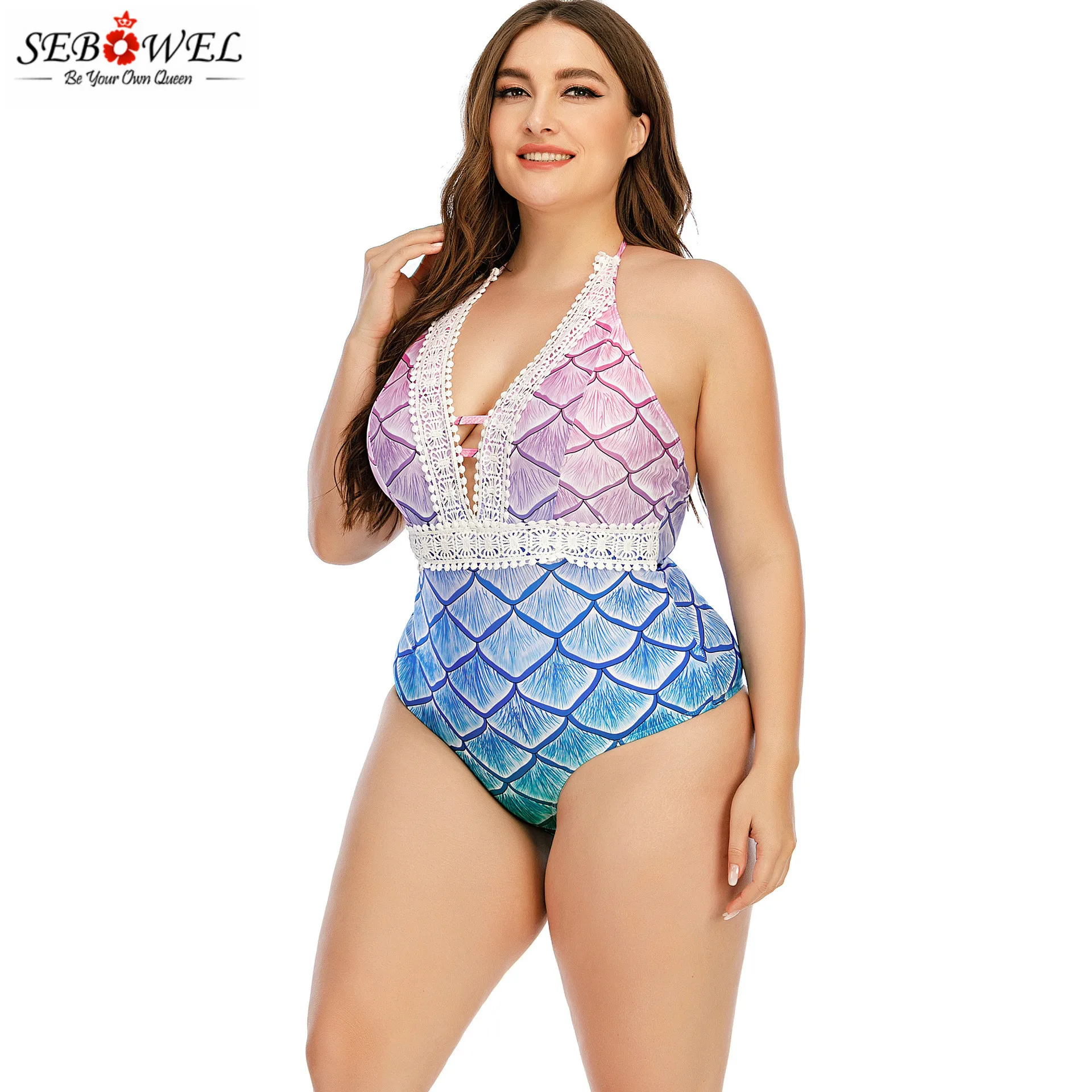 

SEBOWEL Mujer Mayo Mermaid Push Up Swimwear Women Sexy Lace V-neck Halter One-piece Beach Bathing Suit Gradient Print Bikinis