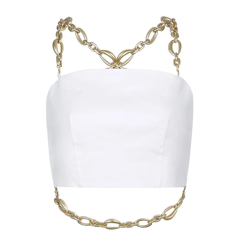 

2021 Summer Sexy Metal Chain Shoulder Strap Backless Vest Short Fashion Hot Girl Suspenders Club Party Trend Women Clothing -40