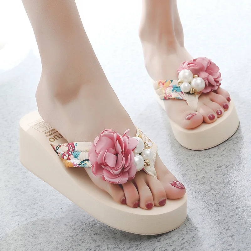 

6cmHigh Heel Women's Beach Slippers for Women In Summer with Thick Heeled Sandals Flower Wedge Slippers Womans Shoes Flip Flops