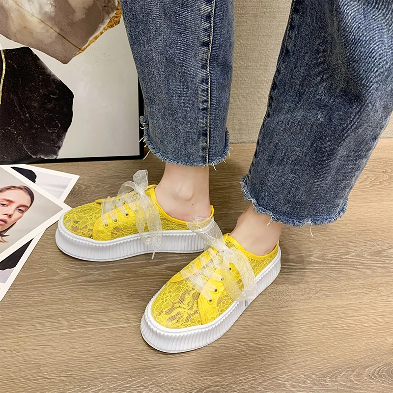 

Slippers Casual Shoes Woman 2021 Lace Platform Med Pantofle Luxury Soft Flat New Summer Slides PU Fashion Fabric Rubber Cross-ti