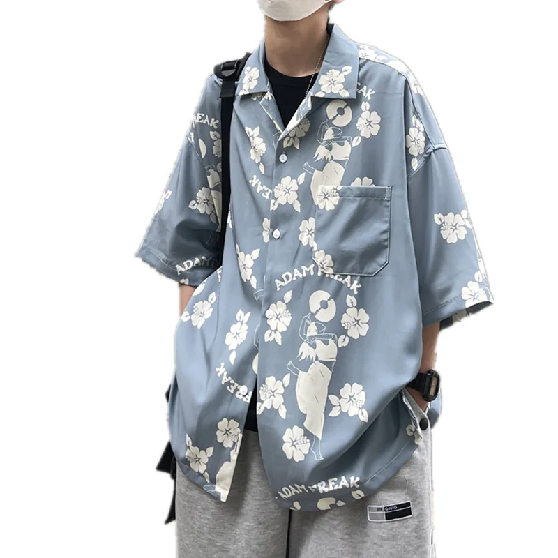 

Korean Style Loose Ulzzang Oversized Shirt Summer Hawaii Beach Fashion Hip Hop Lapel Collar Short Sleeve Coat Harajuku Tops Men