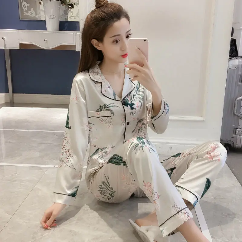 

Pajamas women's ice silk long sleeve spring and autumn winter two piece thin cardigan imitation silk home suit