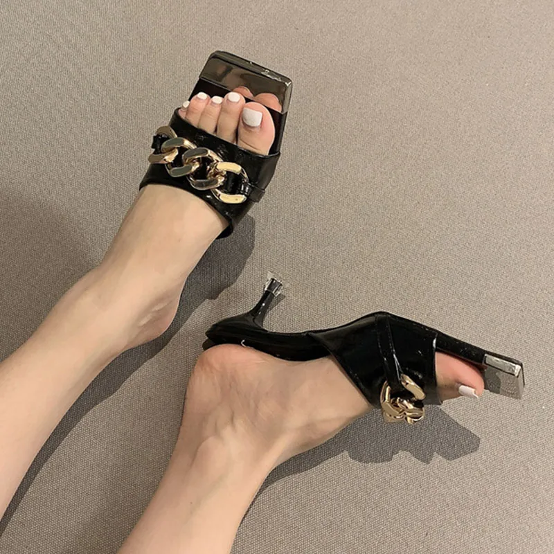 

2021 Women Fashion Square Toe High Heel Slippers Ladies Elegant Chain Peep Toe Slides Shoes Thin Heel Sandal Shoes Flip Flop