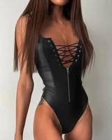 women pu leather bandage zipper front bodysuit 2021 femme sexy solid v neck black strap skinny jumpsuit lady sensual underwear