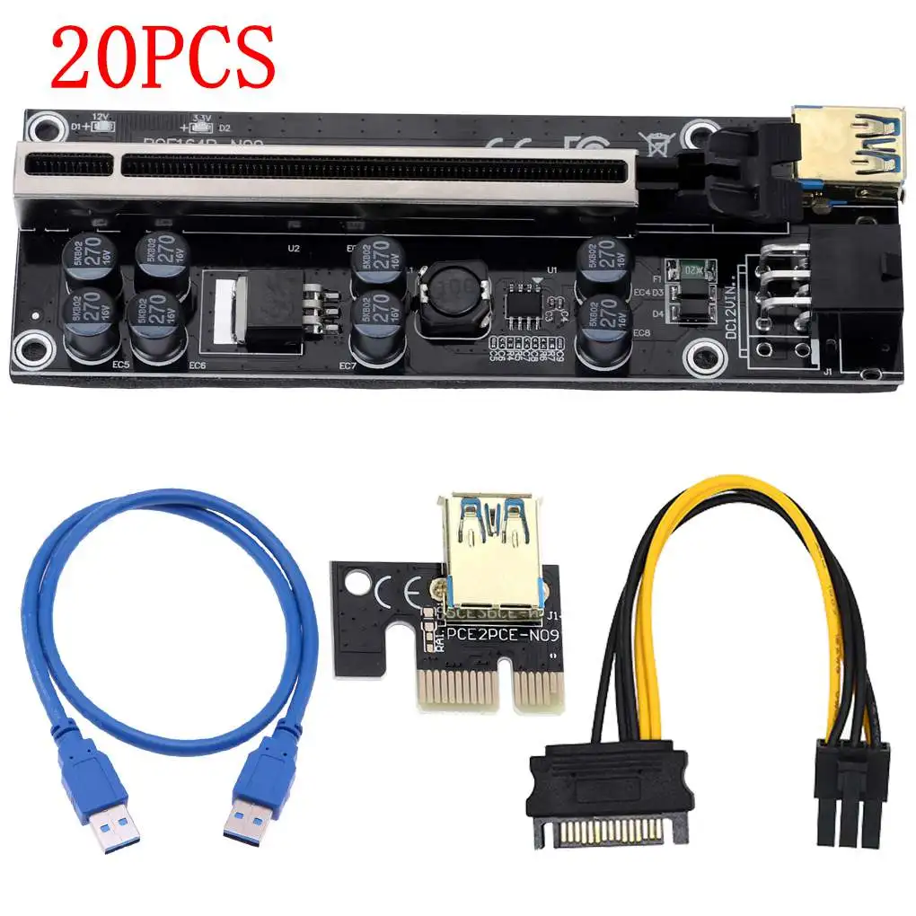 

20Pcs PCI-E Pcie Riser 009S PLUS Express 1X 4x 8x 16x Extender PCI E USB Riser GPU 6Pin Card SATA 15pin for BTC Miner