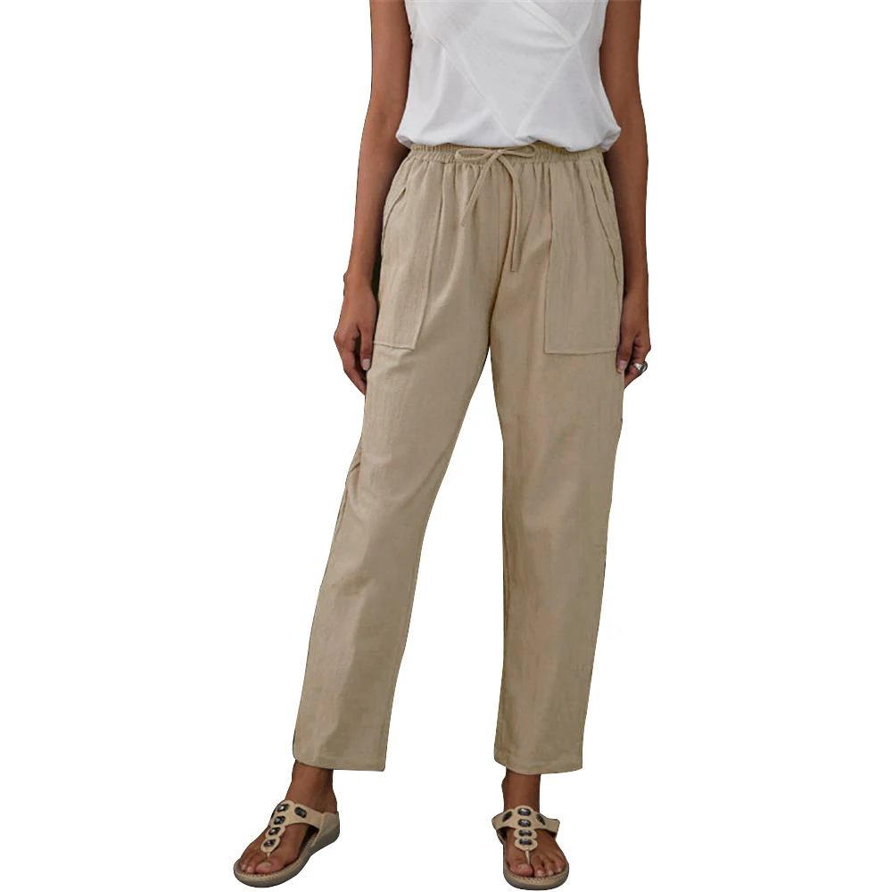 

Cotton Linen Pants for Women Solid Color Loose Casual Trousers Large Pockets Drawstring Pants Summer Lightweight Long Pants
