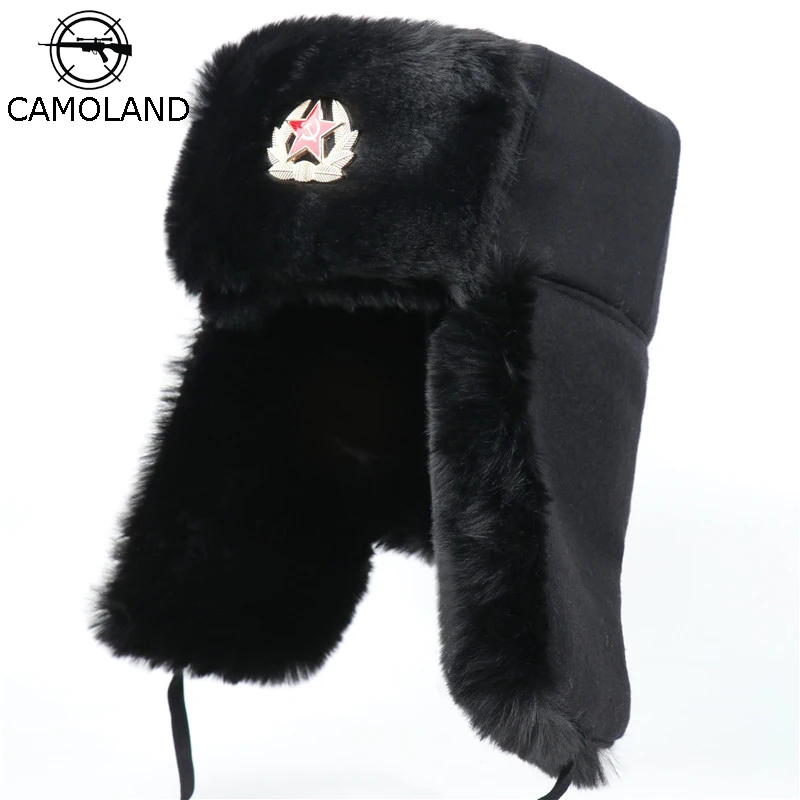 

CAMOLAND Soviet Army Military Badge Bomber Hats Women Men Thermal Faux Fur Winter Hat Male Russia Ushanka Earflap Caps