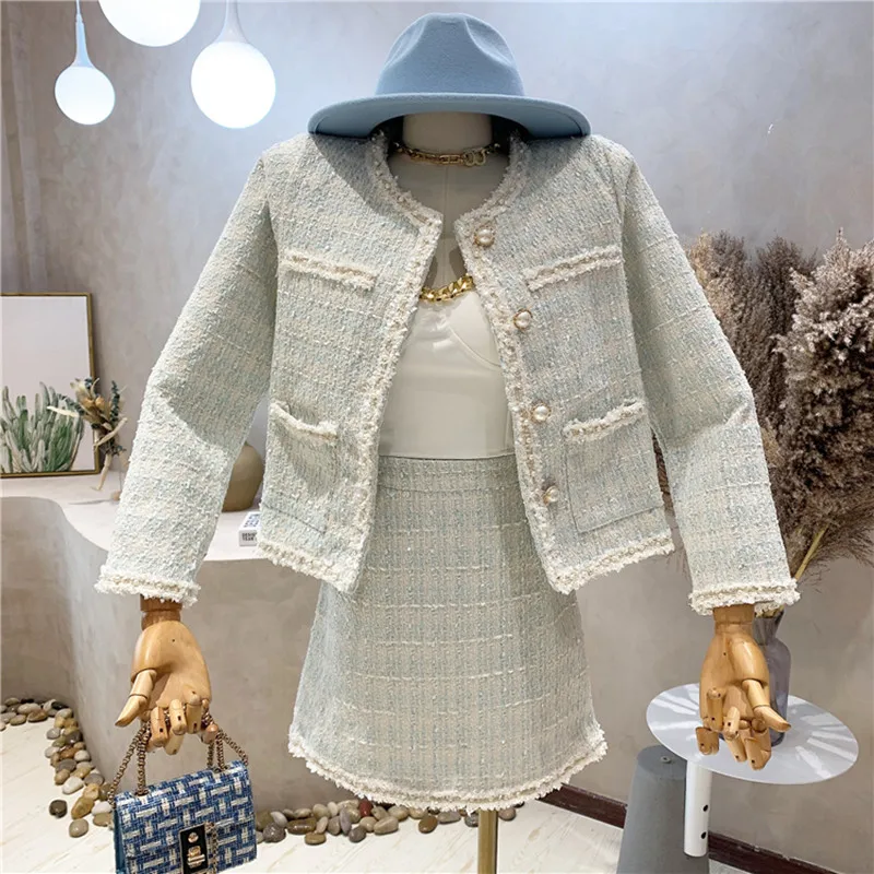 

New Women's Clothing 2021 Autumn Winter Versatile long sleeve Tweed short coat + high waist temperament skirt two-piece set