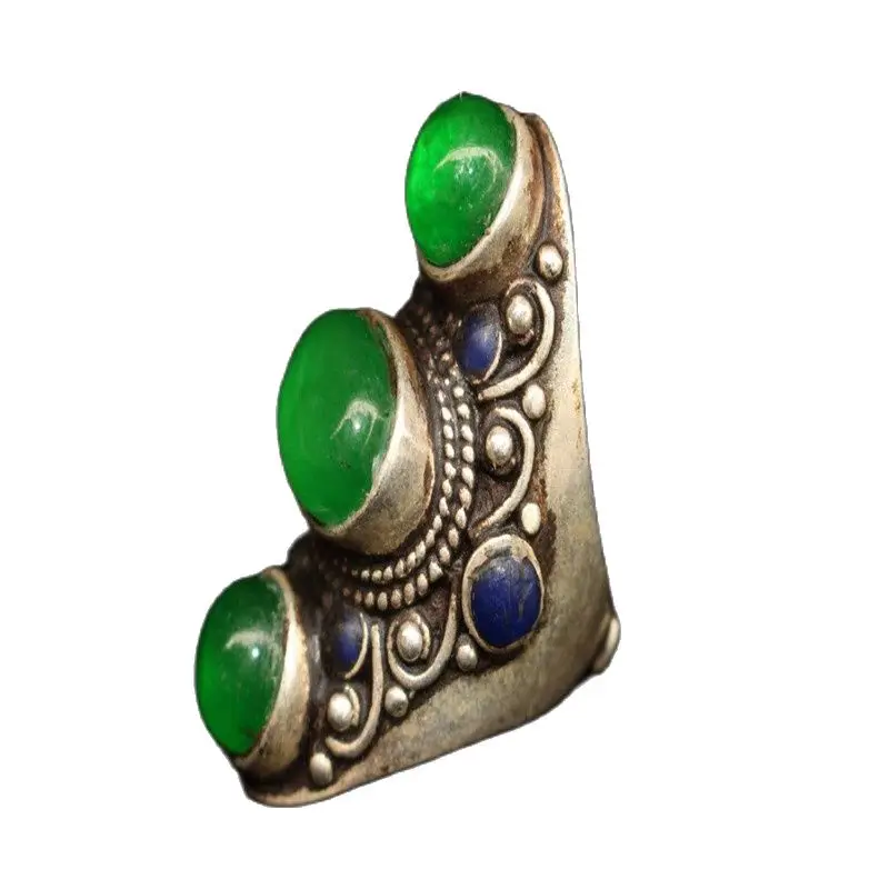 

China Old Tibetan Silver Inlaid Three Sided Emerald Ring
