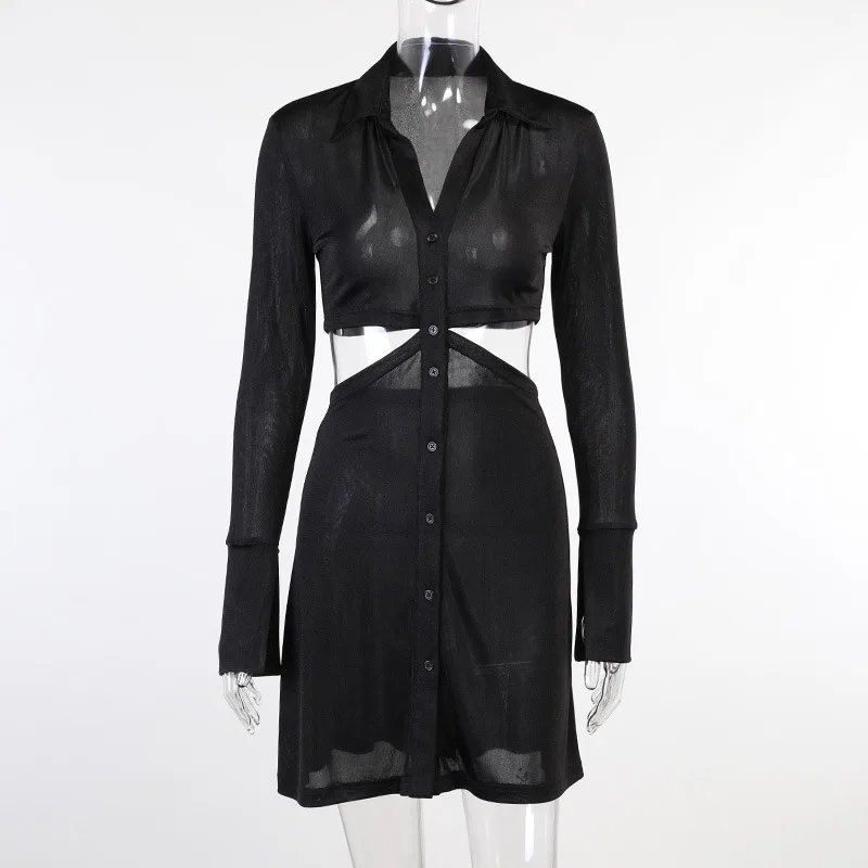 

CIGGANTFUL Sexy Hollow Shirt Collar Temperament Dress Female Design Slim Fashion Long Sleeve Button A Line Casual Streetwear