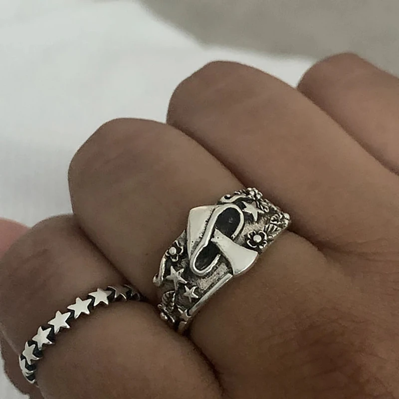 

Vintage Star Flower Pattern Ring for Women Men Mushroom Statement Retro Punk Hip Hop Biker Finger Party Night Club Ring Fashion