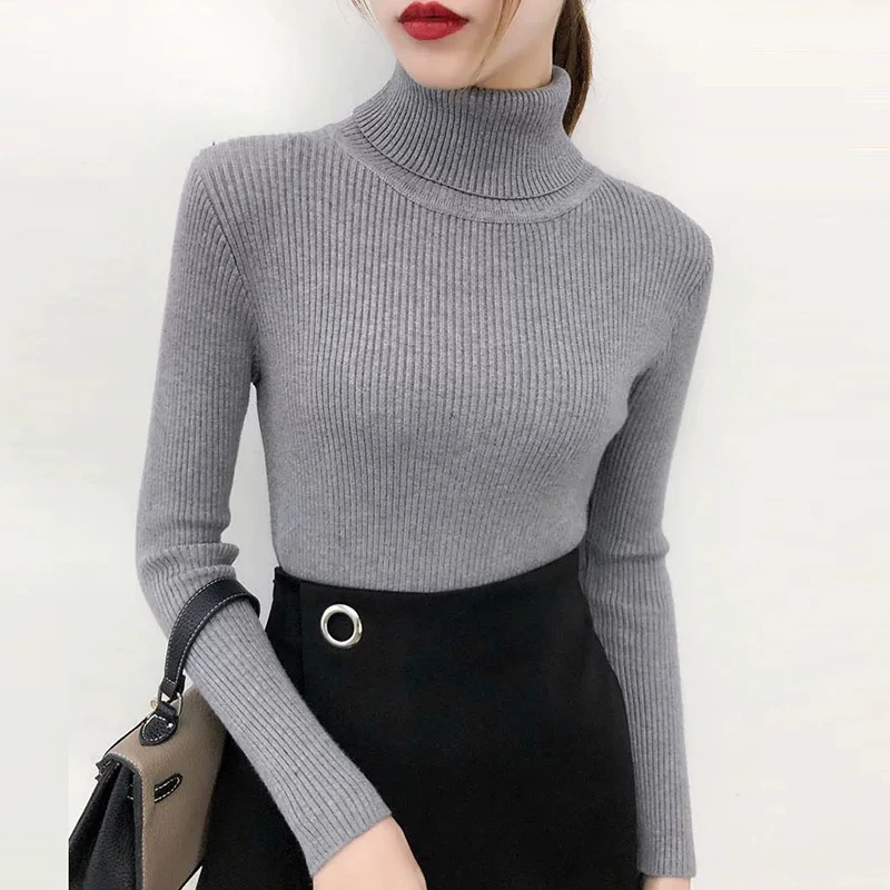2022 Spring Slim Long Sleeve Turtleneck Autumn Winter Sweater Women Knitted Ribbed Pullover Jumper Soft Warm Pull Femme | Водолазки
