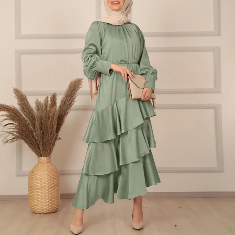 

Abaya Kaftan Holiday Long Shirt Dress Women Party Crew Neck Dress Muslim Fashion Ruffle Hem Robe Casual Full Sleeve Maxi Dress