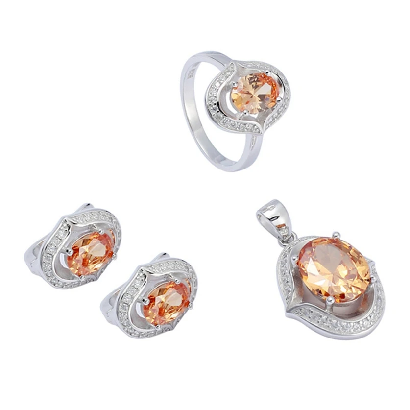 

Eulonvan Charms Luxury 925 sterling silver women Wedding jewelry sets (ring/earring/pendant) champagne Cubic Zirconia S-3722set