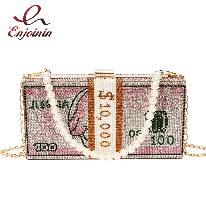 

Stack of Cash Crystals Women Money Dinner Purses and Handbags Evening Clutch Bags Diamond Chain Wedding 2020 Luxury Tote Bag