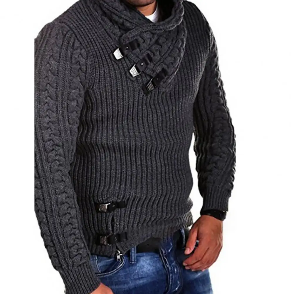 

Men Sweater Twist Pattern Turtleneck Autumn Winter Buttons Pure Color Sweater Jumper for Daily Wear