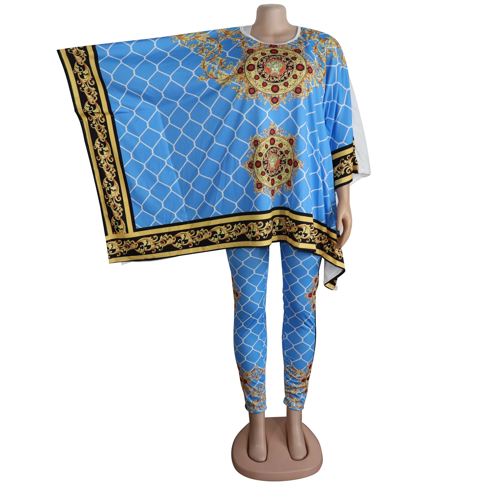 2020 New African Print Elastic Bazin Baggy Pants Rock Style Dashiki Sleeve Famous Suit Tops and Pant for Women White Blue | Тематическая
