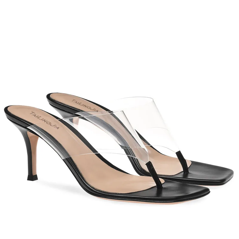 Clear Heels Transparent High Heel Sandals For Women 2022 Square Toe Heeld Flip Flops Ladies Slippers Slide Thong Sandal Shoes