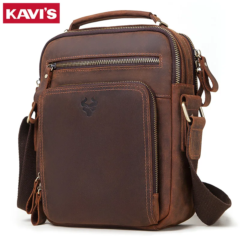 KAVIS 100% Сумка из натуральной кожи Crazy Horse мужской портфель мужские сумки через