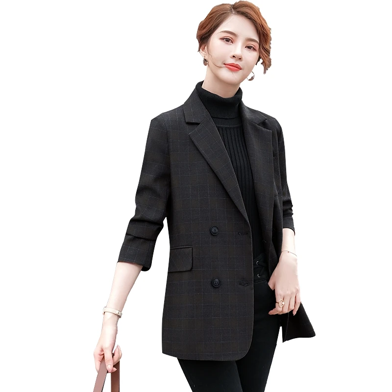 Женский двубортный блейзер в клетку темно зеленый и коричневый пиджак Корейском