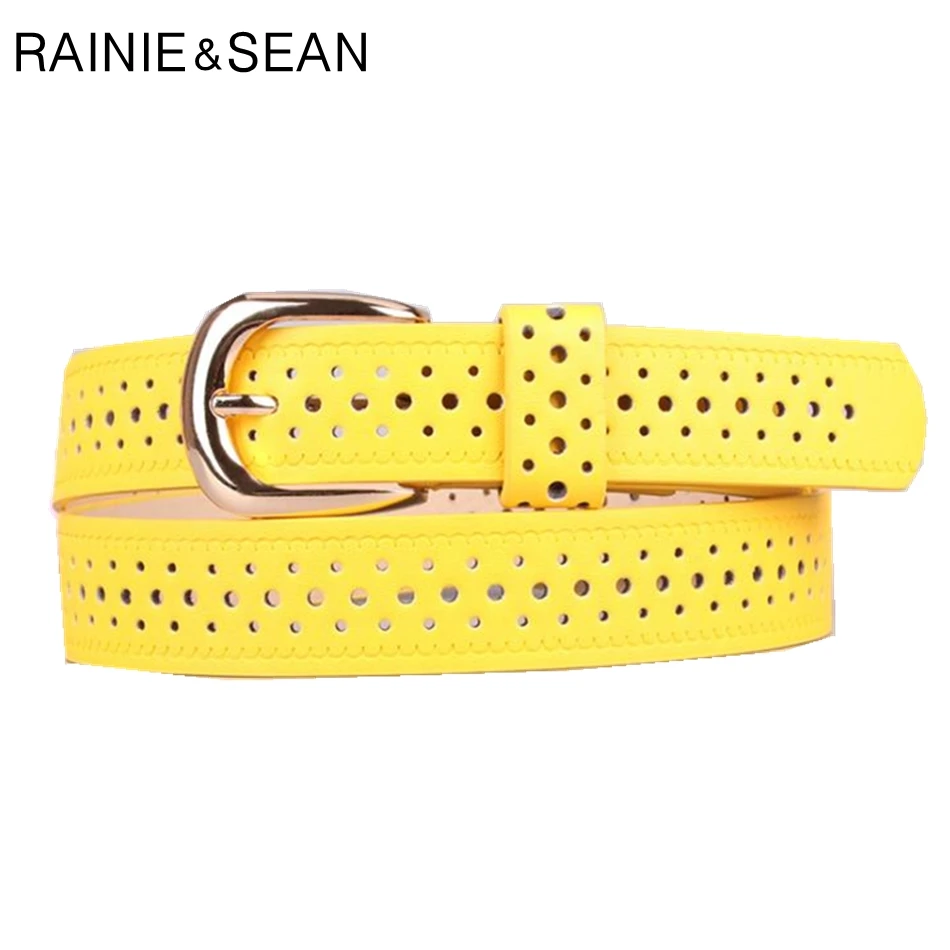 

RAINIE SEAN Yellow Women Belt Hollow Out Pin Buckle Ladies Leather Belt Solid Candy Color Korean Fashion Belt Women