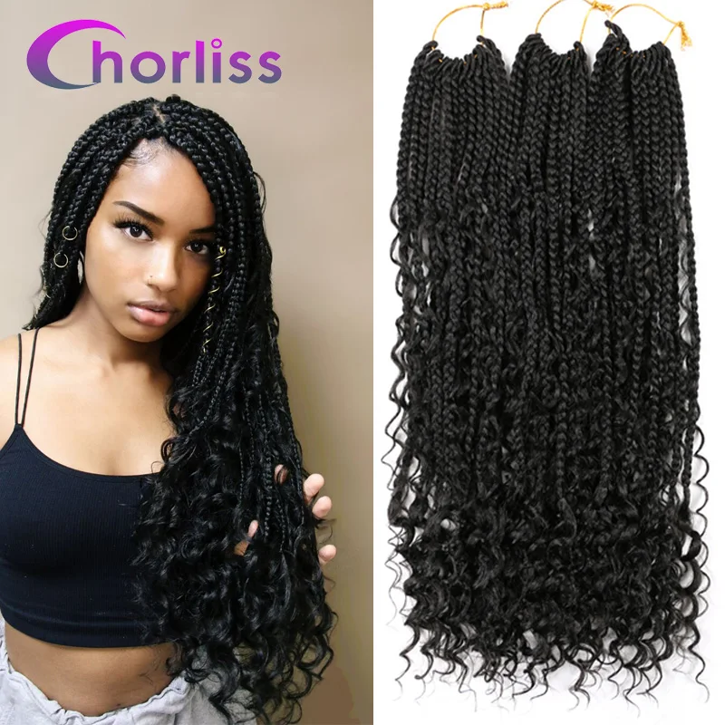 Bohemian Box Braids Hair With Curls Boho Braids Ombre Synthetic Crochet Braids Hair Extension Messy Goddess Black Brown Hair