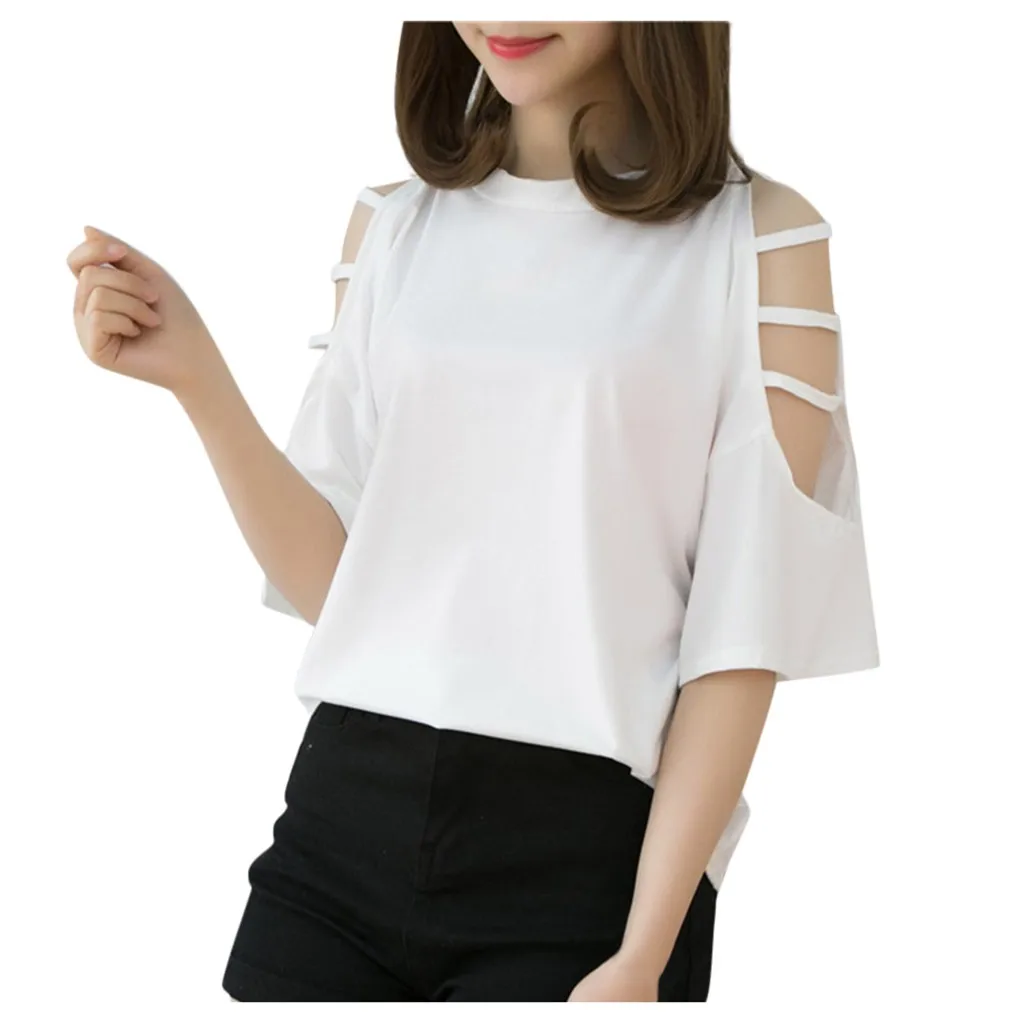 Korean Fashion T-Shirt For Women Bandage Off Shoulder Solid Color Top Half Sleeve Female Tshirt Cropped Streetwear | Женская одежда