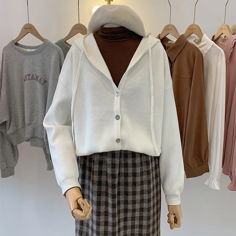 

Small fresh spring coat women's 2021 new long-sleeved shirt casual knitted hooded cardigan oversized hoodie zip