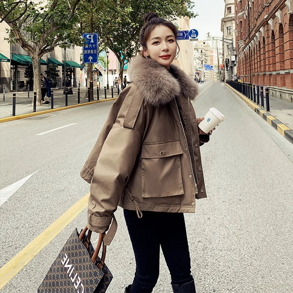 

Женский пуховик Diiwii, зимняя винтажная куртка на утином пуху, теплое пальто с воротником из натурального Лисьего меха, толстые свободные пар...