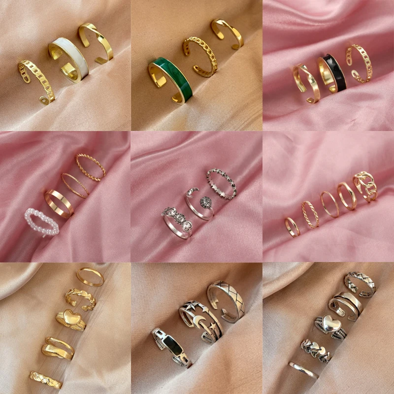 

Punk Gold Wide Chain Rings Set For Women Girls Fashion Irregular Finger Thin Rings Female Jewelry Party