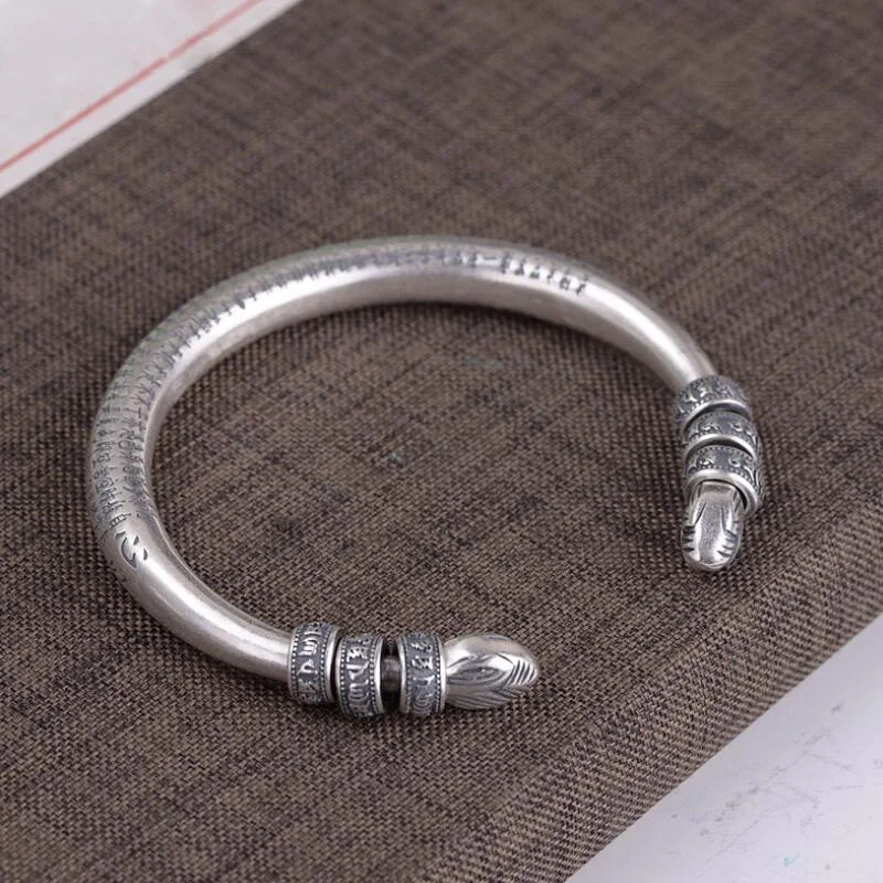 

990 Sterling Silver Tibetan Six Words Mantra Bangle for Men and Women Buddhist Heart Sutra Cuff Bracelet Good Luck Jewelry