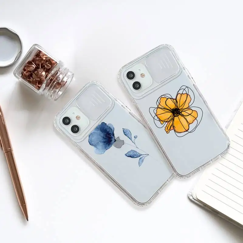 

Watercolor flowers gold leaves Phone Case transparent For iPhone 7 8 11 12 X XS XR MINI Pro Max Plus Slide Camera Lens Protect