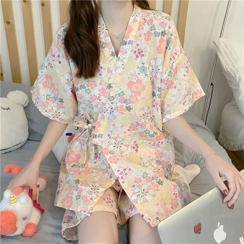 

Japanese Style Fashion Clothing Kimono Women Japan Yukata Floral Print Cotton Fresh Pajamas Suit Female Casual Summer Sleepwear