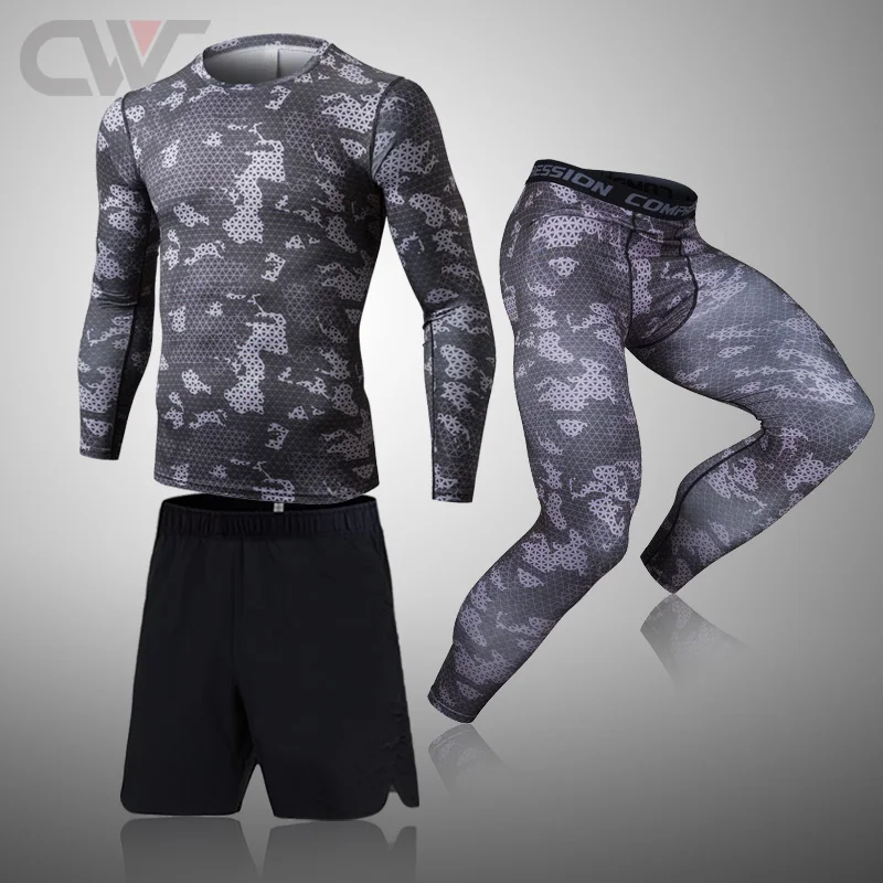 3 piece Set Camouflage Men Compression MMA Running T-Shirt Men's Tight Pants Fitness Bodybuilding Clothes Sport Suit | Спорт и