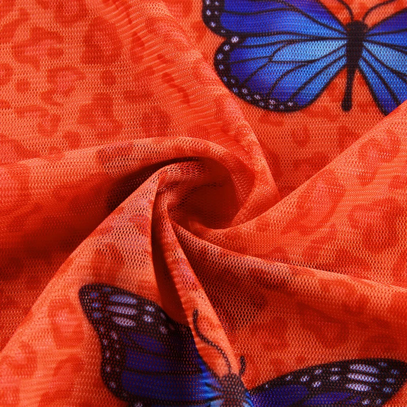 

Women Mini Dress Summer Mesh Perspective Bodycon Sexy Club Party Dresses Butterfly Print Long Sleeve Sunscreen Beach Tunic Dress