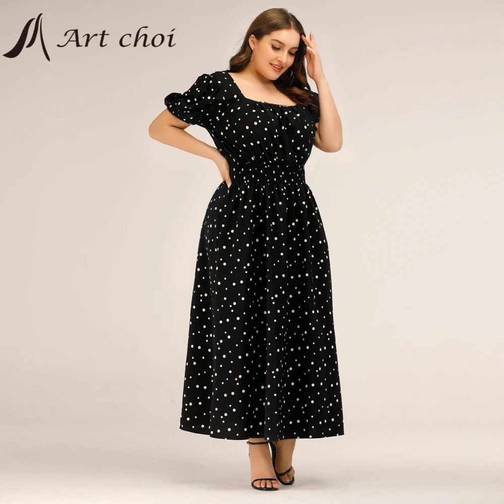 

Summer Women Long Polka Dots Dress Female Boho Beach Elegant Skirt Square Puff Sleeve Ladies Fashion Party Vestido Plus Size