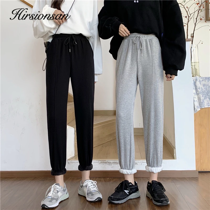 

Hirsionsan High Waist Pants Women 2021 Elastic Slim Winter Thicken Harem Trousers Loose Warm Female Causal Black Sweatpants
