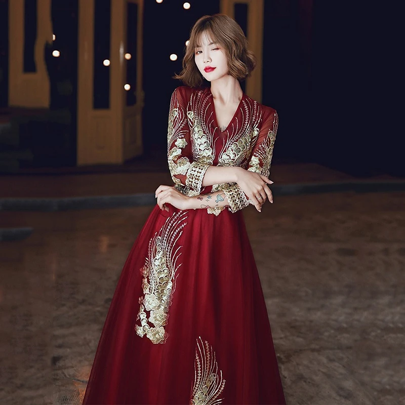 Модное женское осенне зимнее свадебное вечернее платье с длинными рукавами