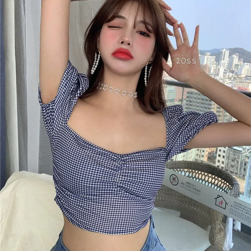 Женская футболка с коротким рукавом короткий топ клетчатая квадратным