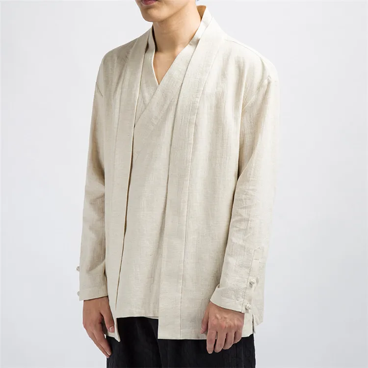 

2022 Spring Men Cotton Linen Kimono Loose Fashion Long Cardigan Outerwear Vintage Coats Fake Two Pieces Casual Overcoats