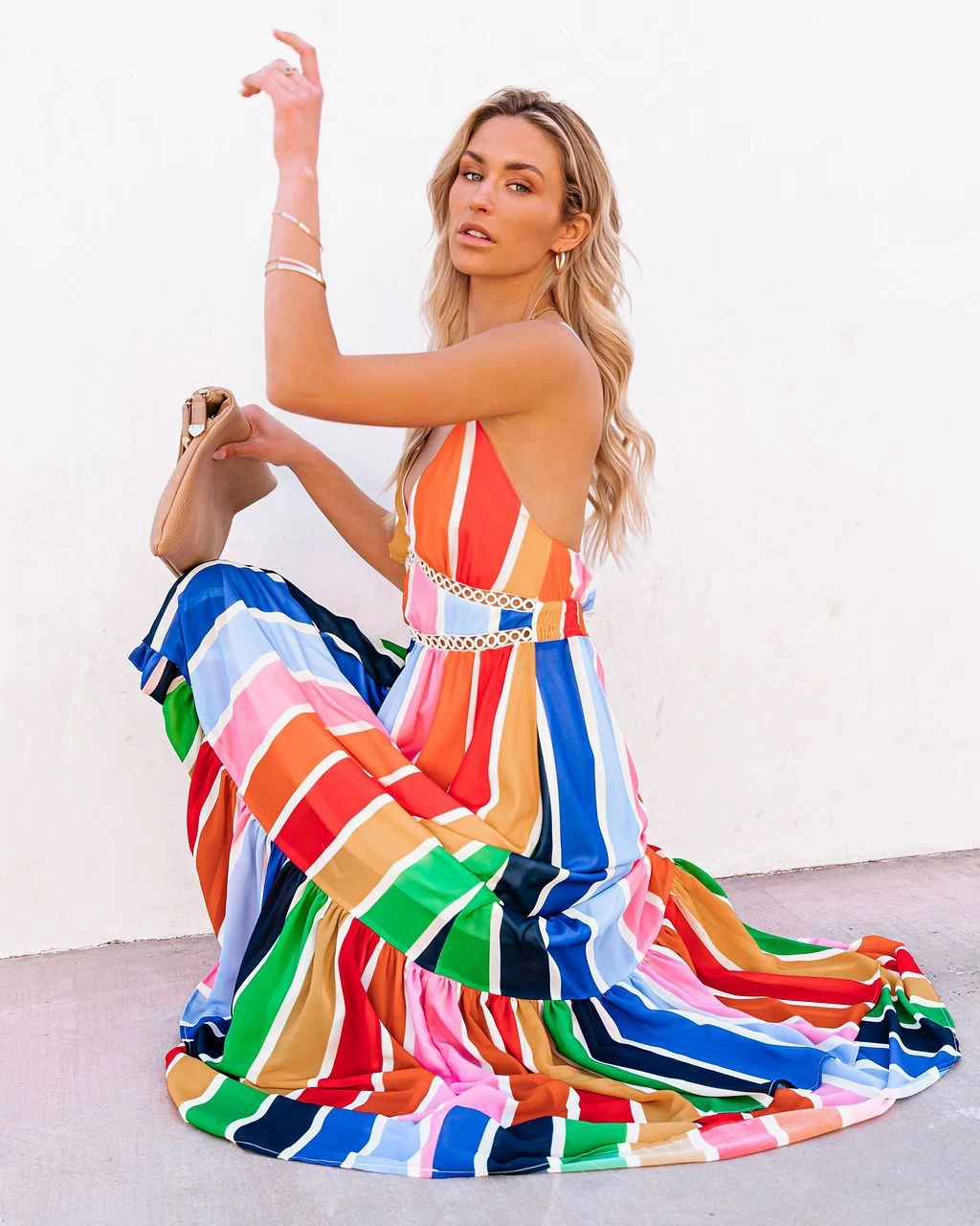 

new rainbow stripe printed lace stitching deep V belt long dress
