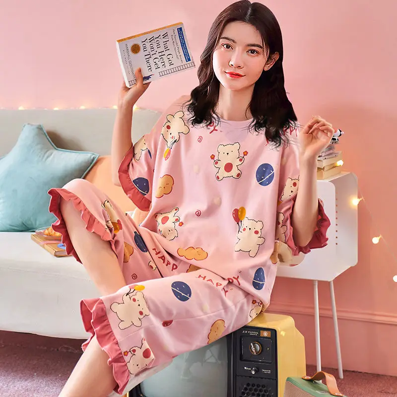 Pajamas Female Summer Short-sleeved Seven Pants Cotton Korean Version of The Casual CuteCartoonThinSectionOutsideWearHomeWearSet