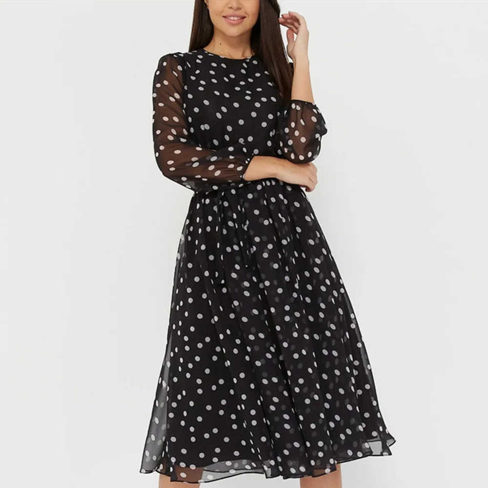 

Elegant Dot Print Long Sleeve Spring Women Dresses Winter Casual O Neck Chiffon A LIne Dress Vintage Party Vestidos Ladies 2021