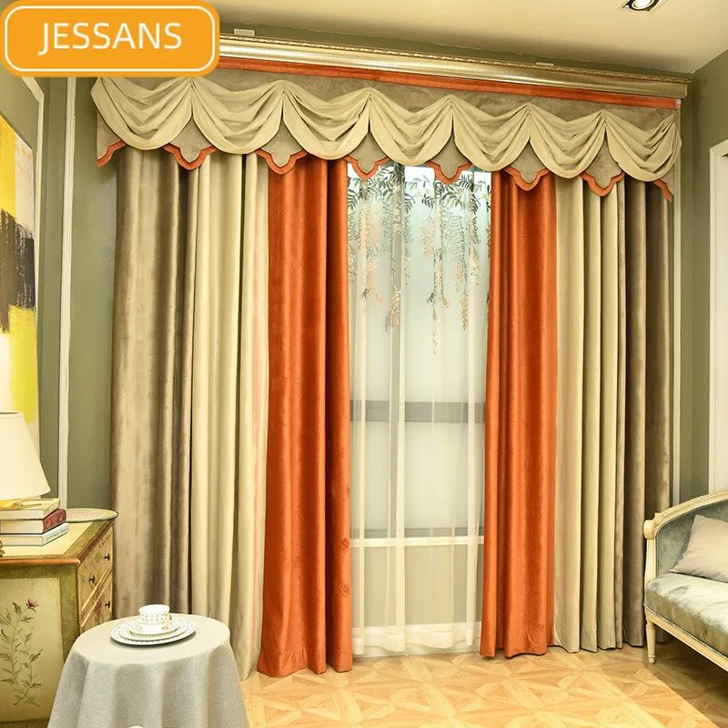 

European High-grade Texture Flannel Stitching Blackout Curtains for Living Room Bedroom Valance Custom Finished Product