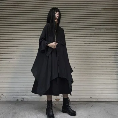 Осеннее темное женское платье в японском стиле нестандартный дизайн средней